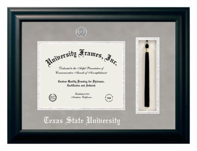Texas State University Diploma with Tassel Box Frame in Satin Black with Black & Silver Mats for document: 8 1/2"h x 11"w  